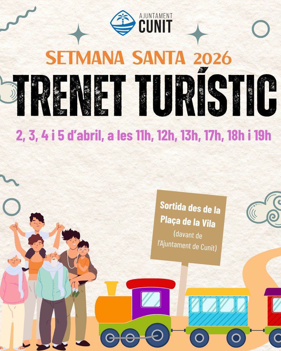 Torna el trenet turístic de Cunit per Setmana Santa!. Dies: 2, 3, 4 i 5 d’abril - Sortida i arribada: Plaça de la Vila (davant de l’Ajuntament). Horaris: 11:00, 12:00, 13:00, 17:00, 18:00 i 19:00.  Activitat gratuïta. Accés per ordre d’arribada.