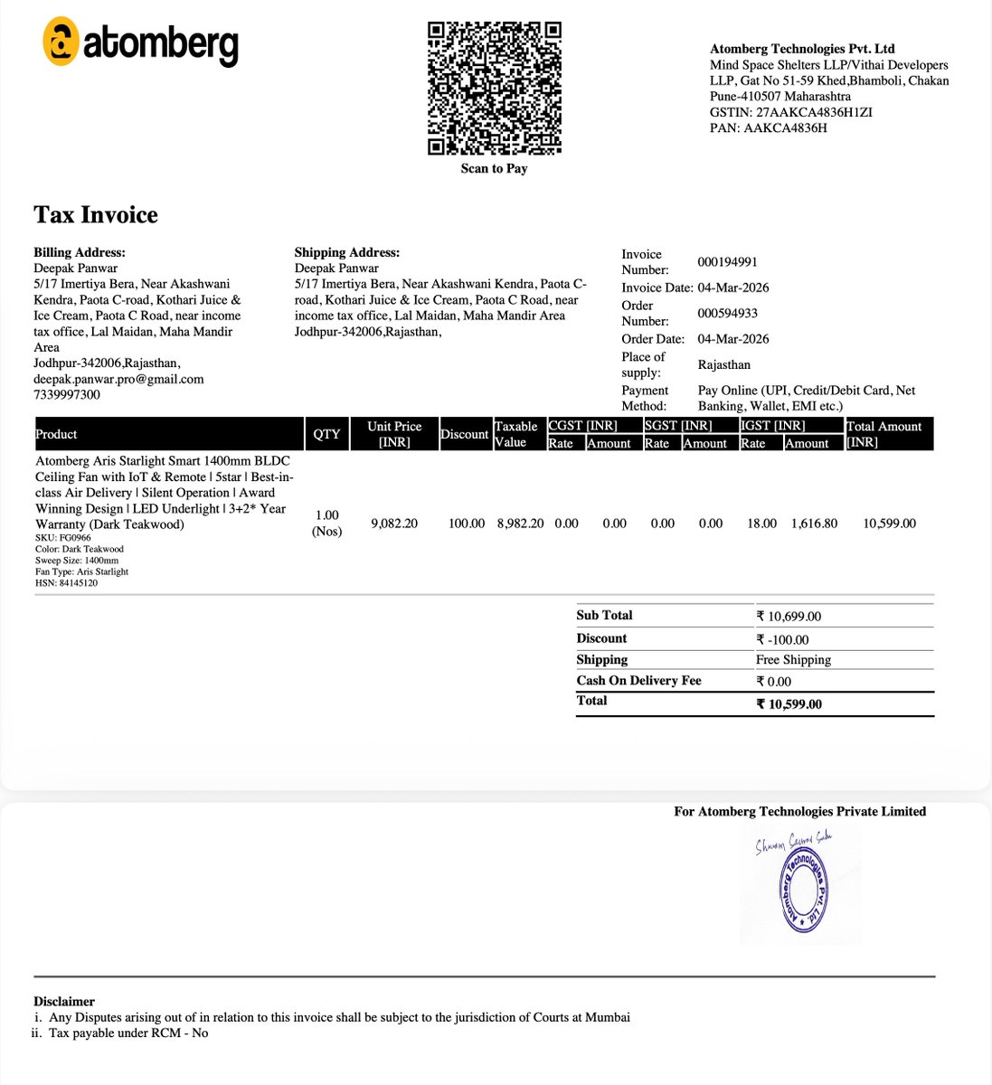 panwar_deeepak's tweet photo. @AtombergCares Dear Atomberg Team,
On 4th March 2026 I ordered the Atomberg Aris Starlight Smart 1400mm Fan from https://t.co/CvOyOWK8J6 &amp; paid ₹10,699 online.
26 days later — no product delivered. WhatsApp support is only an AI bot. Called customer care 10+ times. #Atomberg https://t.co/KcjmfgXVHx