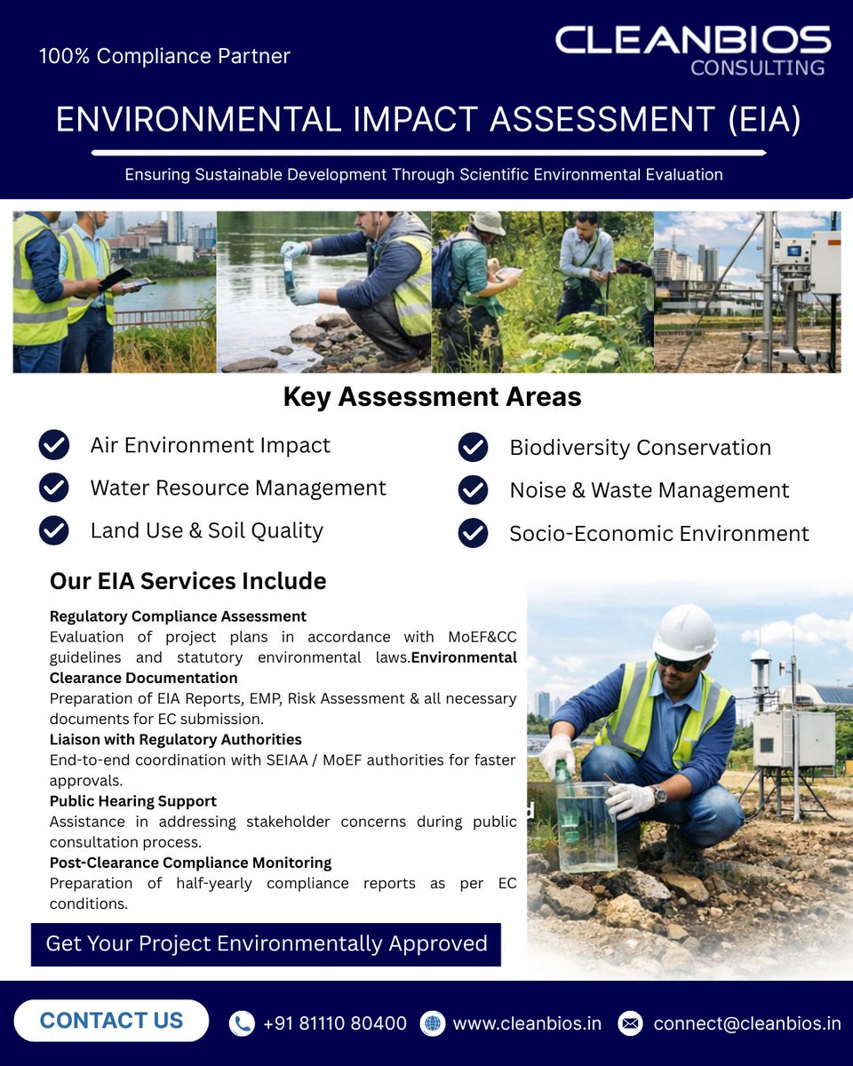 Cleanbios's tweet photo. Strengthening Sustainability with Expert EIA Services! 
Cleanbios is empowering sustainable development with comprehensive Environmental Impact Assessment (EIA) solutions tailored for regulatory compliance and project success. 
#Sustainability #EIA #EnvironmentalImpactAssessment https://t.co/aYCv3KhWdN