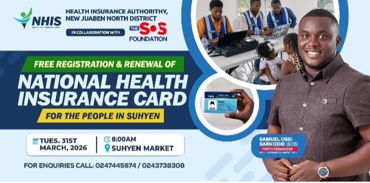 oseisamuelsarko's tweet photo. Building on the success of assisting and sponsoring thousands of people in four communities in the NJN constituency, The SOS Foundation is excited to partner once again with the NHIS to deliver free NHIS registration, card renewal and replacement to the good people of Suhyen. https://t.co/W6iwoxkQSX