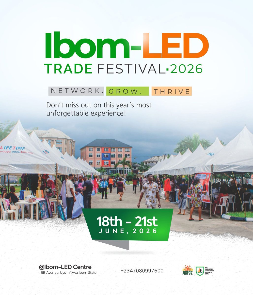 MOIAkwaIbom's tweet image. The Ibom-LED Trade Festival 2026 is bringing together entrepreneurs, producers, buyers and investors to connect and explore new markets.
👉   ibomledtradefestival.com 

18th – 21st June 2026
Ibom-LED Centre, IBB Avenue, Uyo

#IbomLED #TradeFestival2026 #NetworkGrowThrive