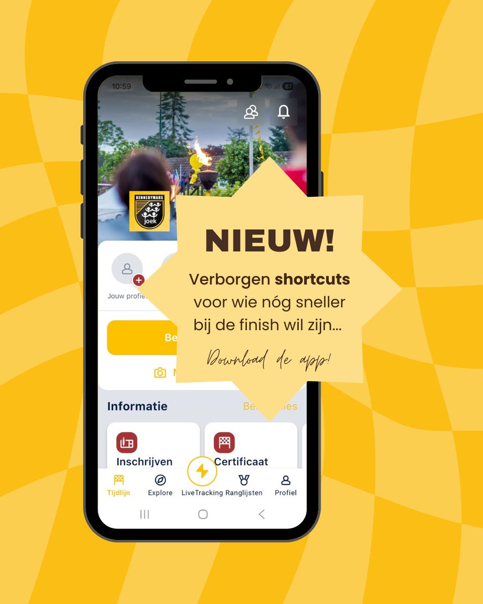 joeksomeren's tweet photo. NIEUW - De Kennedymars-app toont dit jaar verborgen shortcuts voor wie écht sneller bij de finish wil zijn. Download 'm nu gratis via Google Play- of Apple App store! 

#kennedymarssomeren #kennedymars #app https://t.co/73Wj27RZrF