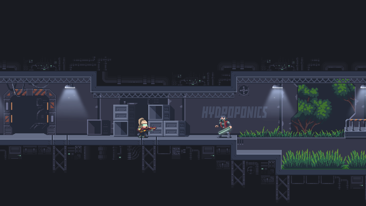 nComradeSR's tweet photo. I've finalized the lighting and design of the location. Then I'll redo the chaotic decorative tiles around the location. I'm currently working on the shooting mechanics. #gamedev #indiedev #pixelart #indiegame #starrise #Construct3 https://t.co/XbeGOUazXY