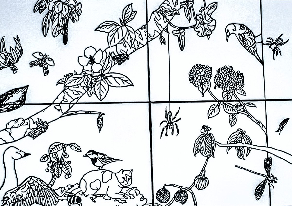 部員作品の紹介④
Xアカウント：<a href="/hcwly4wQf7W7W0i/">ひなた</a>
画材：切り絵用紙、色紙、ケント紙
作品の説明：四季の移り変わりをモチーフにした作品です。左上から時計回りに春夏秋冬を表しています。その年に撮った生き物を描きました。
#春から東北大