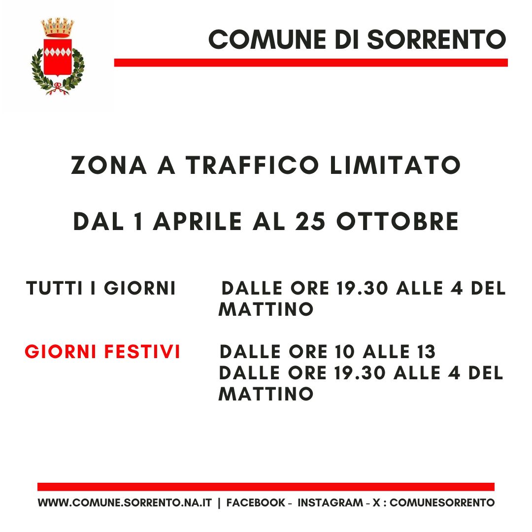 A partire da mercoledì 1 aprile, e fino al 25 ottobre prossimo, torna in vigore la Zona a Traffico Limitato, operativa tutti i giorni, dalle ore 19.30 alle 4 del giorno seguente e, nei giorni festivi, anche nella fascia compresa tra le ore 10 e le 13.
comune.sorrento.na.it/it/novita/page…
