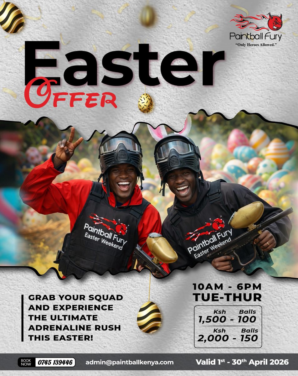 Waterfront_KE's tweet image. Easter plans don’t stop at the weekend.
Keep the energy going all April, Tuesday to Thursday 
Suit up, bring the energy, and let the games begin,because honestly weekdays should be this fun!
T&amp;amp;C Apply ,Book now
☎️: 0745 139446
#PaintballFury #PaintballFun #Paintball  #Easter2026