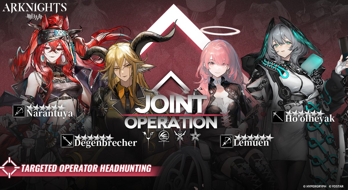 ArknightsEN's tweet photo. Dear Doctor,

ONLY the following Operators will appear in the 6★ and 5★ Operator List of this Standard Headhunting between April 1, 2026, 09:00 - April 15, 2026, 03:59 (UTC-7).

★★★★★★: Lemuen / Degenbrecher / Ho'olheyak / Narantuya
★★★★★: Mitm / Wulfenite / Grain Buds / Lunacub / Santalla / Greyy the Lightningbearer

#Arknights #Yostar