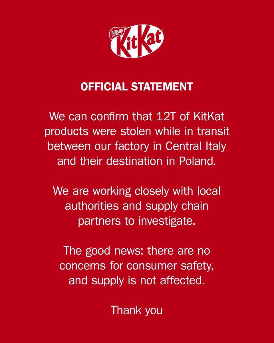 TrendingChapter's tweet photo. 📣
🍫 Nestle Kit Kat Official Statement about 12 Tonnes of Kitkat products stolen.

#KitKat #MilkLove #Chocolate #Break #Nestle #Stolen #Theft #Italy #Central #CentralItaly #Poland https://t.co/IL3ZHmKXvQ