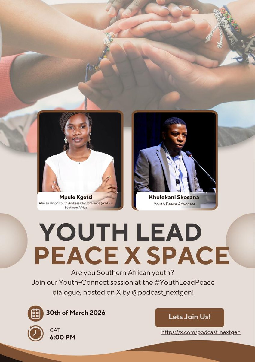 Join the #YouthLeadPeace Dialogue today on X -space at 6PM  and engage with our speakers on Youth , Peace and Security African agenda.

#YouthLeadPeace