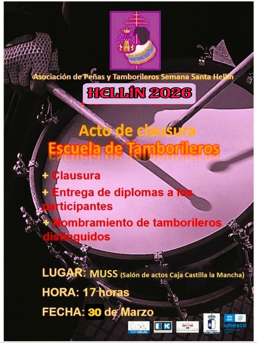 ¡ ACTO DE CLAUSURA DE LA "ESCUELA DE TAMBORILEROS ! Hoy, Lunes Santo, Salón de actos del MUSST, 17 h; se entregarán diplomas a los alumnos participantes, que interpretarán toques típicos y redobles con sus monitores. Se nombrarán los "Tamborileros. Distinguidos 2026".