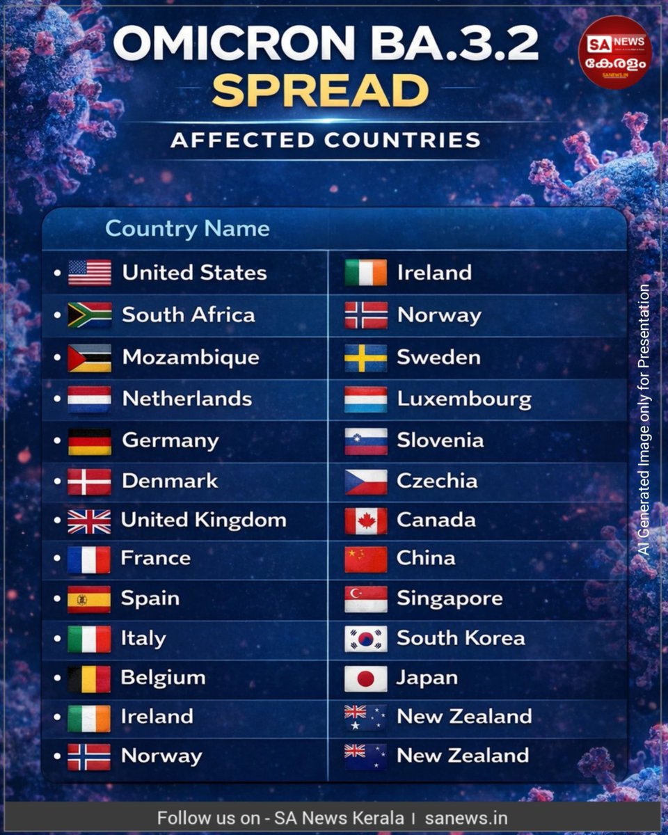 SanewsKerala's tweet image. Omicron BA.3.2 spreads to 20+ countries, raising concerns over immune escape due to spike mutations. Cases remain mostly mild; global health authorities stay alert.
#sanewskerala
#COVID19 #Omicron #HealthAlert