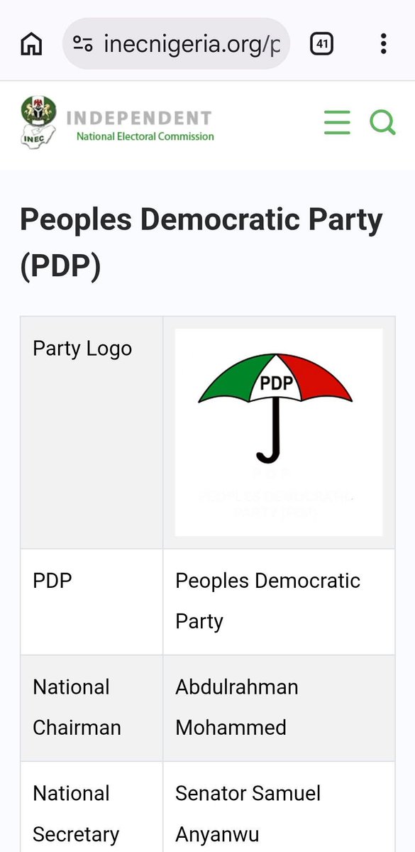 Barely hours after #PDPNationalConvention, the Independent National Electoral Commission Commission has officially updated its records, recognizing the leadership of the PDP as follows:
Alh. Abdulrahman Mohammed &amp; Sen. Samuel Anyanwu is confirmed as National Chairman &amp; Secretary