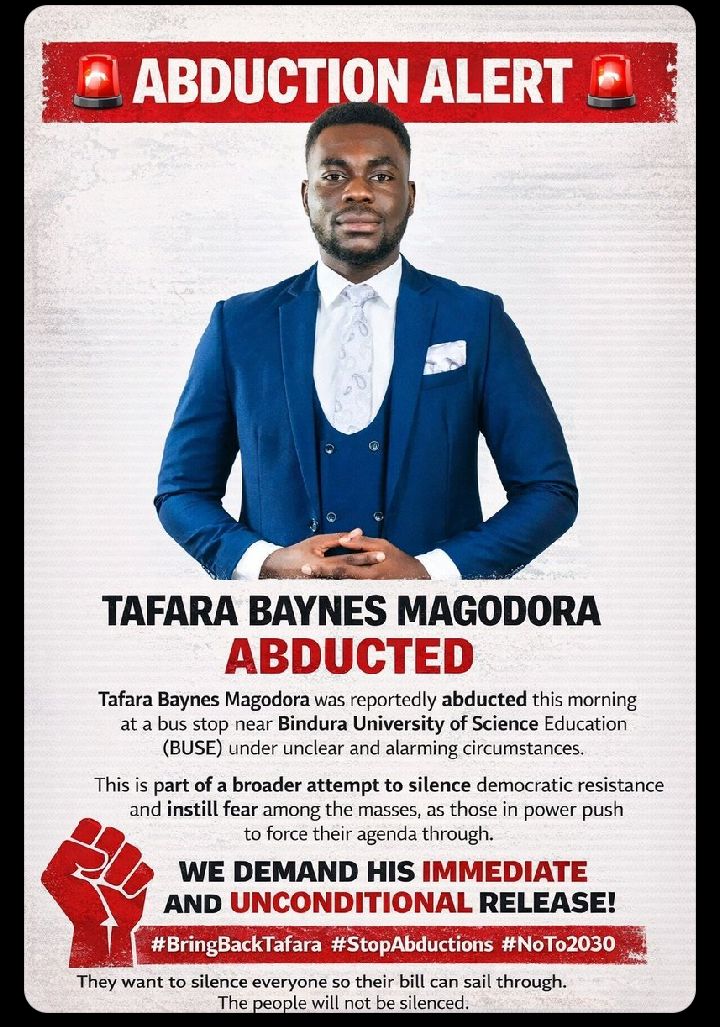 CdeLucia29821's tweet photo. Tafara Baynes Magodora was reportedly abducted from a bus stop at BUSE few minutes ago , This act is a direct attack on freedom, security, and human dignity.
#BringBackTafara
#NoTo2030
#Wakosheiko
#Miswa https://t.co/14jSN0Ga0o