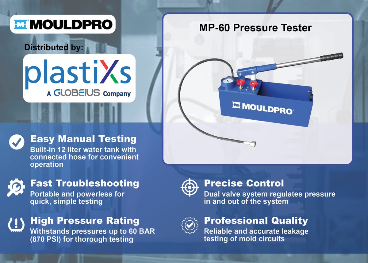PlastixsLLC's tweet image. Mouldpro Pressure Tester:  Fast &amp;amp; Reliable Mold Circuit Leakage Testing For you Tool Room

The Mouldpro Pressure Tester pressurizes a mold circuit to find leaks. 

Learn more at tinyurl.com/sz9rfjvd

#InjectionMolding #toolroom #moldcooling #Plastics #plastixs #mouldpro