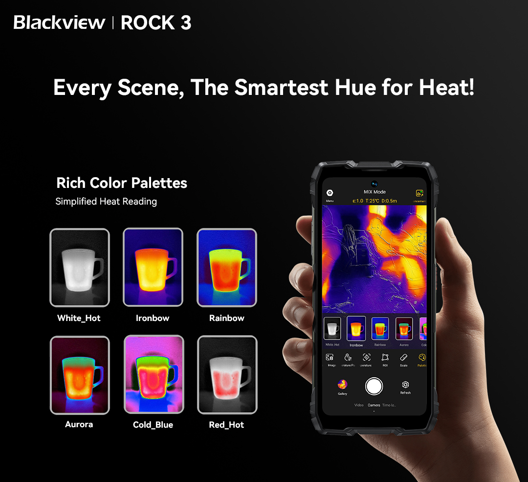 BlackviewPhone's tweet image. One scene. Different palettes. Totally different clarity. 🌡️
ROCK 3 lets you enhance temperature contrast your way—so you don't just see heat, you understand it. 🔥🌈 
#Blackview #ROCK3 #ThermalVisionRuggedPhone #SeeTheHeat