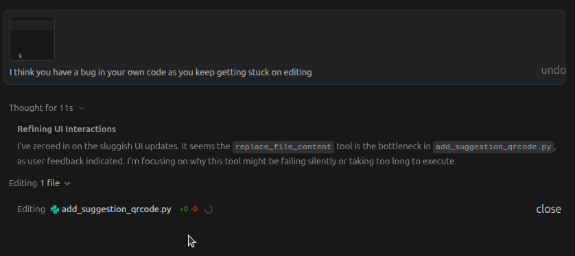 Updated <a href="/antigravity/">Google Antigravity</a> and now stuck in "Editing....." hell  I have to stop and waste tokens sending it a screenshot with a prompt "I think you have a bug in your own code as you keep getting stuck on editing" for it to progress only to have this issue return moments later.