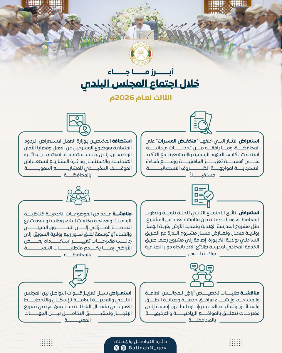 mc_nbatinah's tweet photo. أبرز ما جاء في اجتماع #المجلس_البلدي الثالث لعام 2026 بـ #محافظة_شمال_الباطنة https://t.co/pLIbM0Le68