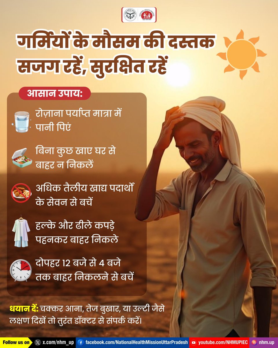 nhm_up's tweet photo. 🌞🔥गर्मी की दस्तक के साथ सतर्क रहना ही समझदारी है। खाली पेट घर से बाहर न निकलें, अधिक तैलीय भोजन से दूरी बनाएं और शरीर को हाइड्रेट रखें। यदि चक्कर, उल्टी या तेज बुखार जैसे लक्षण दिखें तो इसे नजरअंदाज न करें। 🌿

खुद को सुरक्षित रखें और दूसरों को भी जागरूक करें!

Heatwave Safety | Summer Care | Health Awareness

#SummerCare #BeatTheHeat #NHMUP