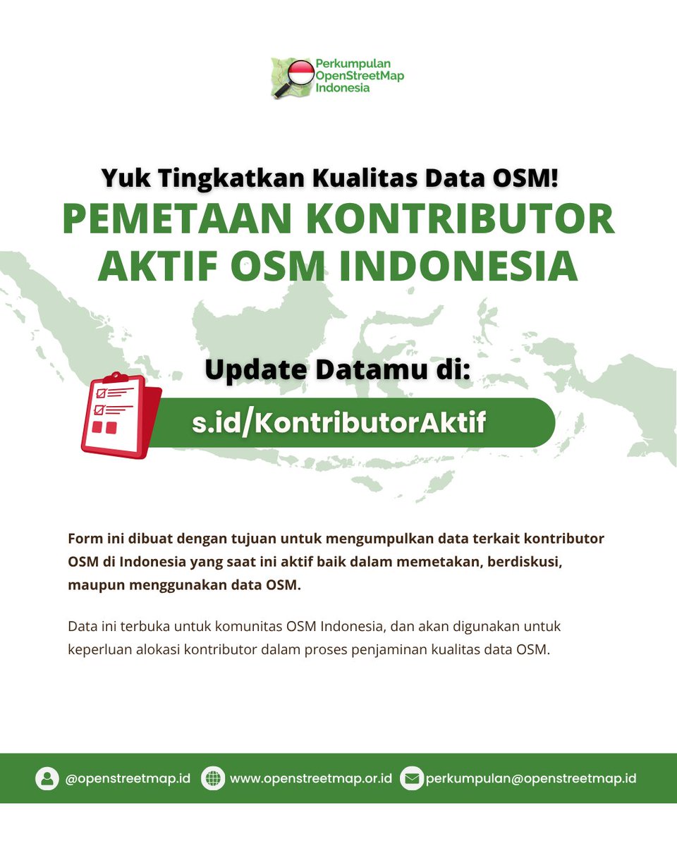 OSM_ID's tweet image. Aktif di OpenStreetMap Indonesia?
Yuk, update datamu sebagai kontributor aktif!
🔗 s.id/KontributorAkt…

Bersama kita tingkatkan kualitas data OSM di Indonesia. 🌏💚

#OSMIndonesia #KomunitasOSM #Mapping #OpenStreetMap