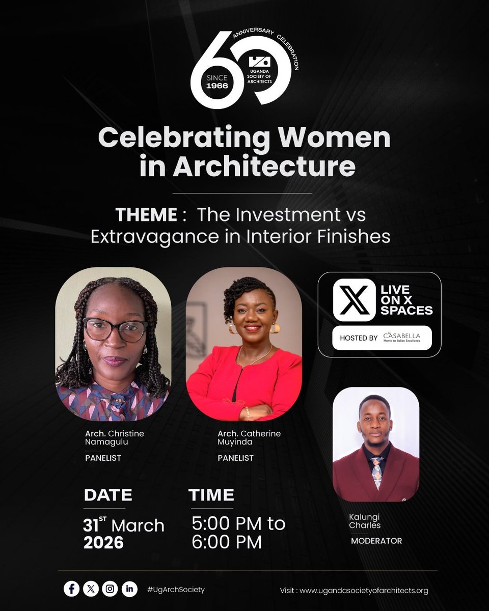 This Tuesday Arch Christine Namagulu and Arch Catherine Muyinda discuss 🛋️The Investment vs Extravagance in Interior Finishes

🗓️31st March
⏰5:00 PM
Tune in🎧x.com/i/spaces/1dGYl…

In proud partnership with <a href="/CasabellaUg/">Casabella Homeware</a>, the home of authentic Italian homeware

#UgArchSociety