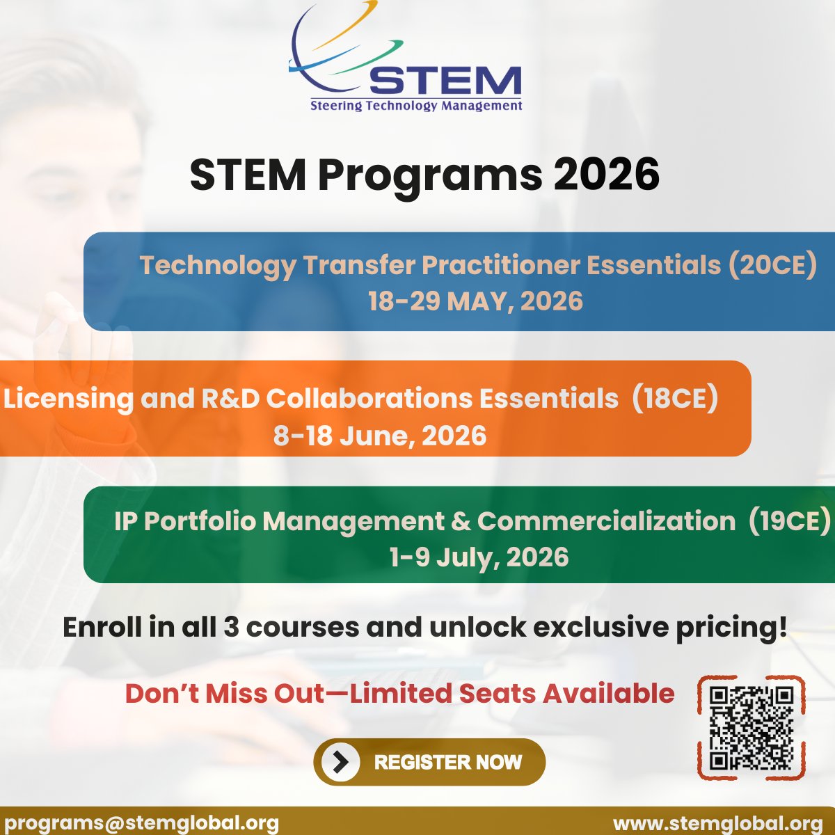 STEMTechTransfr's tweet photo. Innovation doesn’t happen by chance—it’s built with the right knowledge and strategy.

Our STEM Programs 2026 are designed to equip professionals with practical skills in technology transfer, R&amp;D collaborations, and IP commercialization.

Register now: https://t.co/hHfzh8Uee9 https://t.co/5Oz89KknUS