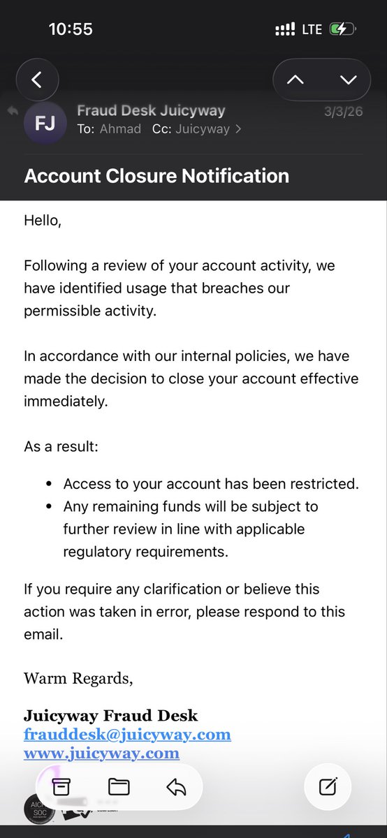 Ahmsik's tweet photo. I deposited funds into Juicyway. My account was restricted Feb 2 and permanently closed March 4, yet my money is still being held with no withdrawal or refund, no any tangible response 

This is unacceptable.

@juicywayhq please release my funds or I escalate to CBN
#ScamAlert https://t.co/TmpSVY8nOS