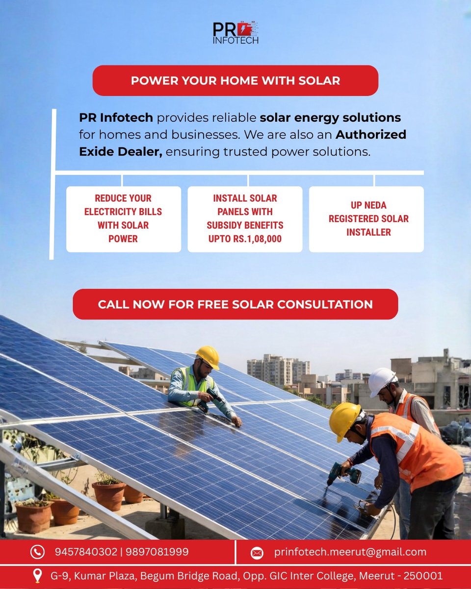 pr_infotech's tweet image. Thinking about solar? Now is the best time! ☀️
Reduce bills, get government subsidy &amp;amp; install with a trusted dealer.

Book your free solar consultation today.
📲Call now- 9897081999

#SolarForHome #SolarSavings #SolarSystem #CleanEnergy #SolarInstallation #ExideDealer #Meerut