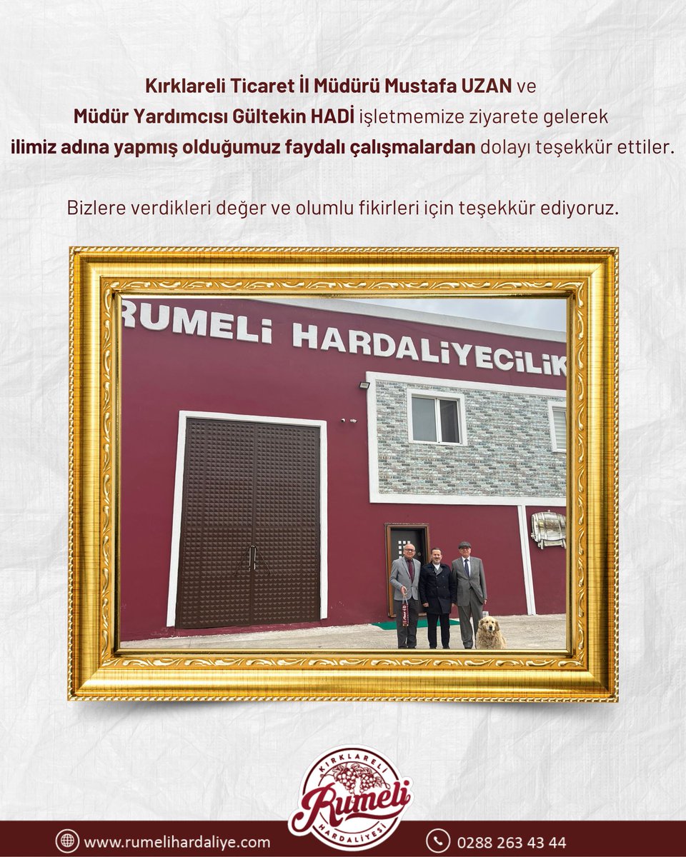 Kırklareli Ticaret İl Müdürü Sayın Mustafa UZAN ve Müdür Yardımcısı Sayın Gültekin HADİ, işletmemizi ziyaret ederek bizleri onurlandırdılar. 🤝 İlimiz adına gerçekleştirdiğimiz çalışmalar için takdirlerini sunarak bizlere teşekkür ettiler.#RumeliHardaliye #Kırklareli #Ziyaret