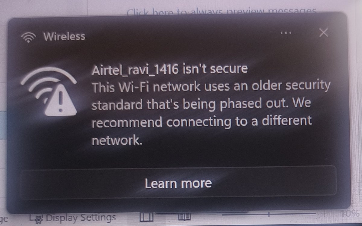 RAVI09227015's tweet photo. @Airtel_Presence @airtelindia 
.While using airtel fiber during my work, it shows the error message, that the connection is not secure. I cannot use this connection on my company's laptop. It poses a risk. I want to request disconnection as I cannot use this insecure network. https://t.co/3tp49NME7o