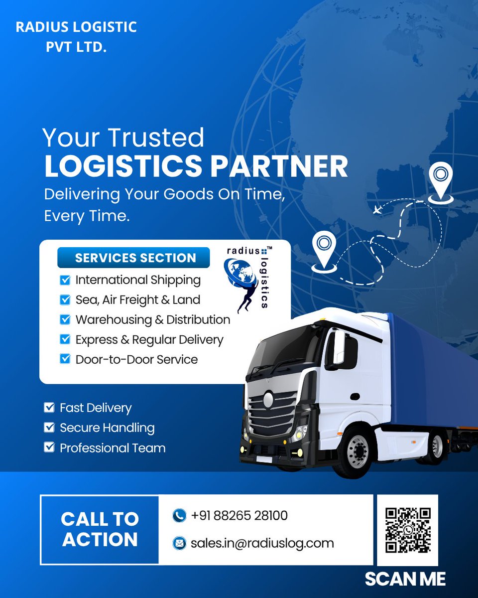 RadiusLogistics's tweet photo. Your trusted logistics partner 🚛🌍

Fast. Secure. Reliable delivery every time.

📦 Let’s move your business forward!

📩 sales.in@radiuslog.com
 📞 +91 88265 28100

#RadiusLogistics #Logistics #GlobalShipping #Freight #SupplyChain https://t.co/xCEpXNbdus