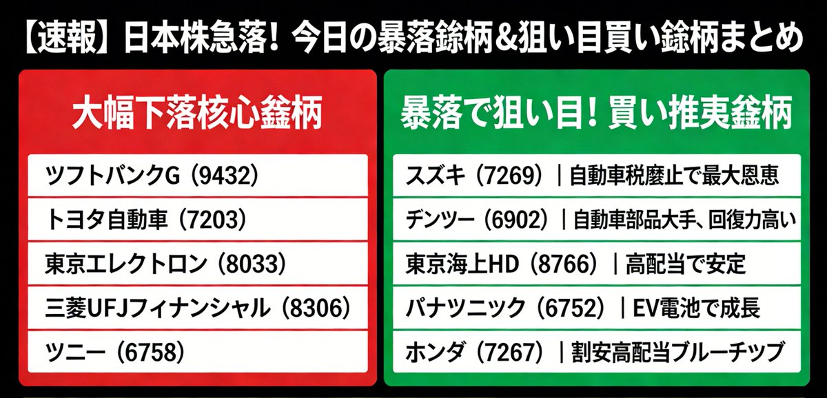 _miyuppe's tweet photo. 【速報】日本株が暴落！
本日の急落銘柄と注目の買い銘柄まとめ??
■ 本日大幅に下落した主要銘柄
ソフトバンクグループ（9432）
トヨ��自動車（7203）
東京エレクトロン（8033）
三菱UFJフィナンシャル・グループ（8306）
ソニー（6758）
■ 暴落中の買い場！おすすめ銘柄
スズキ（7269）｜自動車税廃止の最大の恩恵を受ける
デンソー（6902）｜自動車部品大手、回復力が高い
東京海上ホールディングス（8766）｜高配当、堅実
パナソニック（6752）｜EVバッテリーで成長を実現
ホンダ（7267）｜割安で高配当の優良株
? 暴落こそ「買いの好機」！
自動車関連株や高配当株を中心にポートフォリオを構築。
フォローすれば、最新の相場情報や個別銘柄情報を随時入手可能??