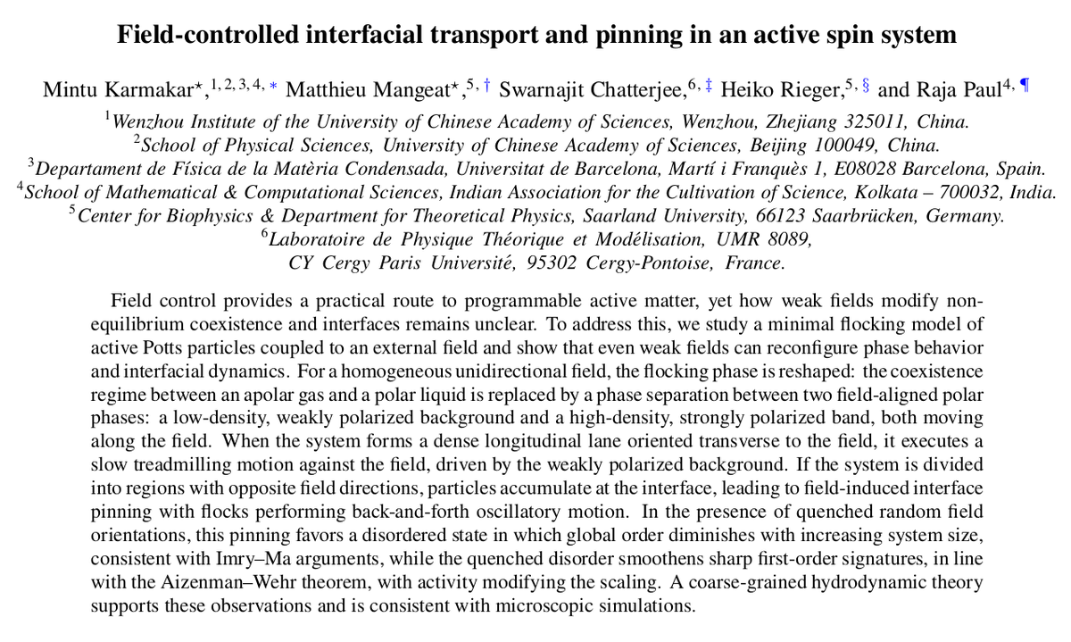 MatthieuM64's tweet photo. New preprint on https://t.co/0L7VWtgJRV: Field-controlled interfacial transport and pinning in an active spin system by M. Karmakar, M. Mangeat, S. Chatterjee, H. Rieger, R. Paul #physics #theoreticalphysics #statisticalmechanics #activematter @mkarmakar094 @swarnajitC https://t.co/4rJaoo4k77