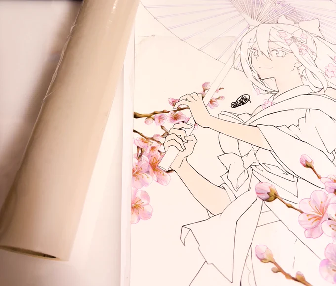 奥側の桜も手前と同じように塗ります マスキングで人物イラストを保護しつつ奥の桜にだけ水彩絵の具(白)をぶちまけて赤ちゃんのおしりふきで拭き取るといい感じにぼやけます 手前と奥で見え方に差の出る桜の完成