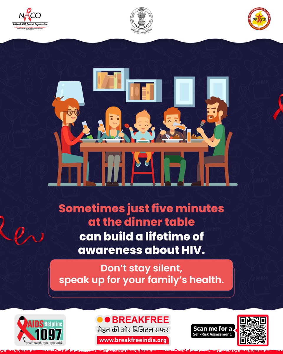 punjabsacs's tweet image. 🍽️ Just five minutes at the dinner table can build lifelong awareness about HIV.
💬 Don’t stay silent speak up for your family’s health.
.
.
.
#HIVAwareness #FamilyTalks #KnowTheFacts #HealthFirst #StayInformed