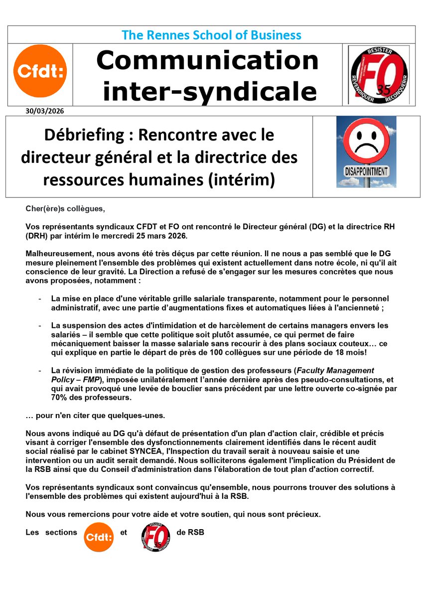 CfdtSb's tweet photo. Communication @CFDTSB @rennessb 30/03/2026:

Débriefing : Rencontre avec le directeur général et la directrice des ressources humaines (intérim) 

#rennessb #syndicat @cfdtrennes @cfdt

@cfdtbretagne @FepCFDT https://t.co/S2qn5U19OO