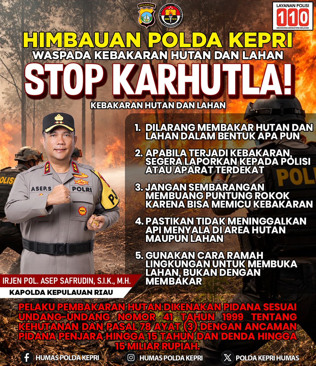 OesriOesro's tweet photo. 🔥 STOP KARHUTLA! 🔥

#StopKarhutla #PoldaKepri #PolriUntukMasyarakat #JagaLingkungan #CegahKarhutla #IndonesiaBebasAsap https://t.co/vC5PxH9qOK