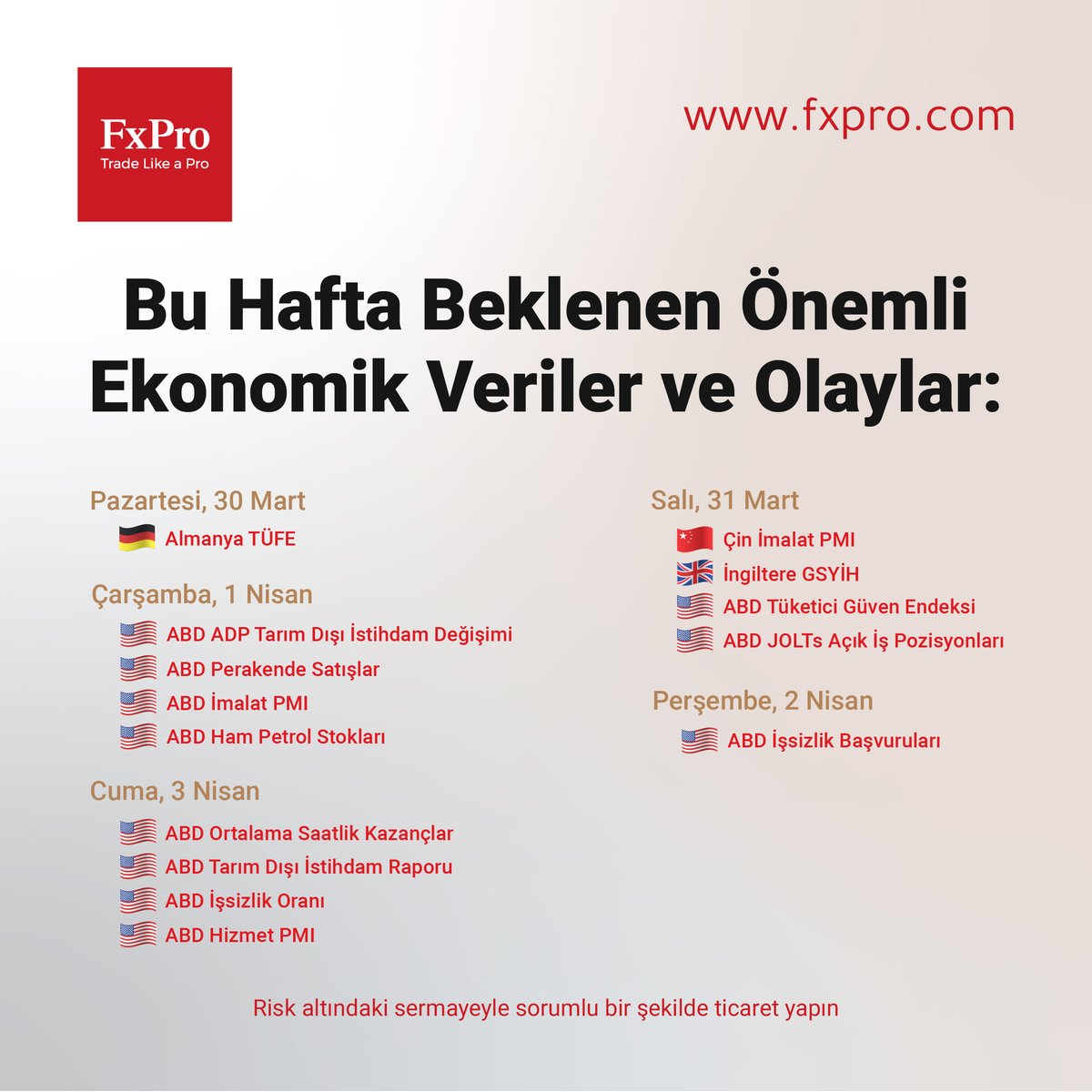 Bu Hafta Beklenen Önemli Ekonomik Veriler ve Olaylar

Pazartesi, 30 Mart
🇩🇪 Almanya TÜFE (11:00)

Salı, 31 Mart
🇨🇳 Çin İmalat PMI (04:30)
🇬🇧 İngiltere GSYİH (09:00)
🇺🇸 ABD Tüketici Güven Endeksi (17:00)
🇺🇸 ABD JOLTs Açık İş Pozisyonları (17:00)

Çarşamba, 1 Nisan
🇺🇸 ABD ADP Tarım