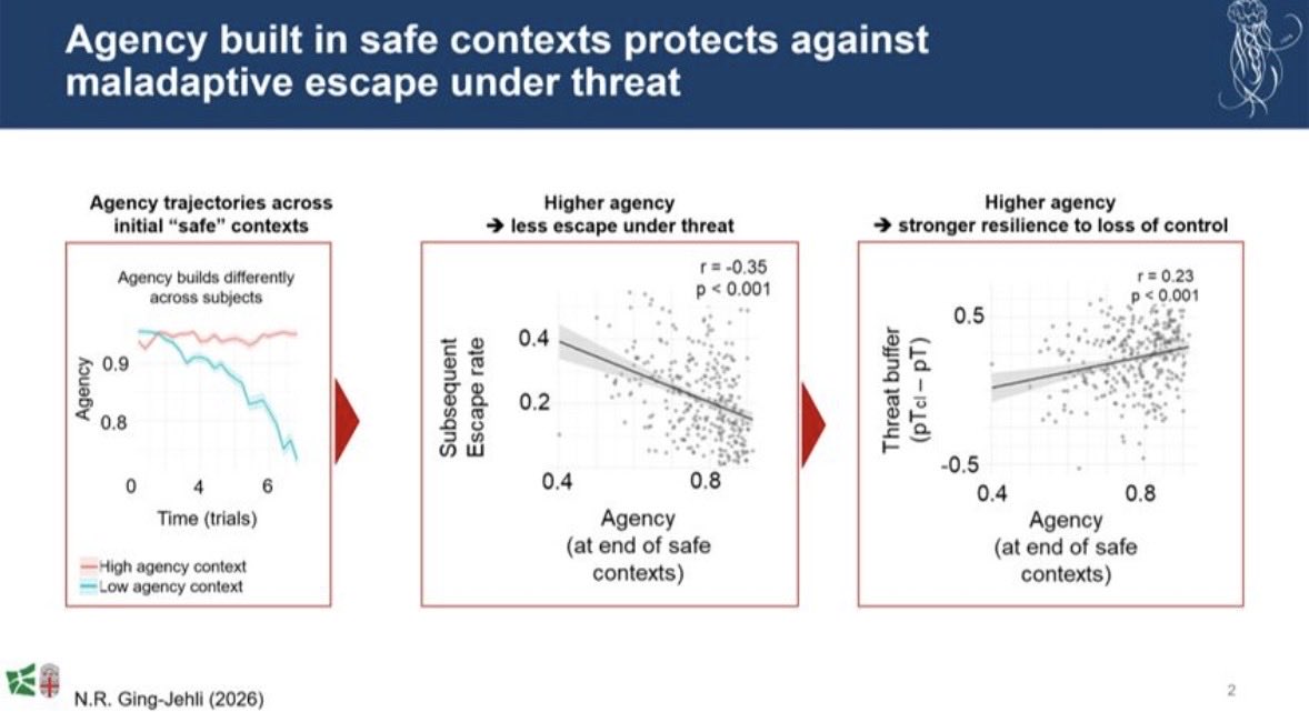 NadjaGingJehli's tweet image. Resilience under threat may depend on what is built before it. We find that #agency accumulated in „failure-safe“ contexts linked to:
• reduced #escape under threat
• adaptive responses when control is lost
 New paradigm + MACA-Q model make agency measurable (preprint soon).