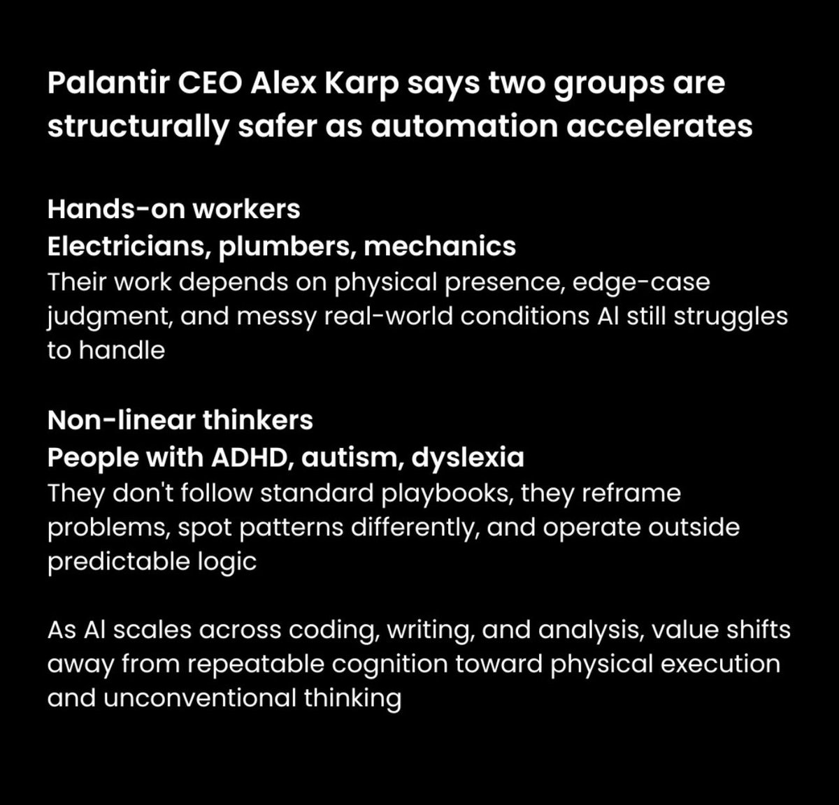 Palantir CEO #alexkarp says two groups of people that will stay valuable as Ai automation accelerates