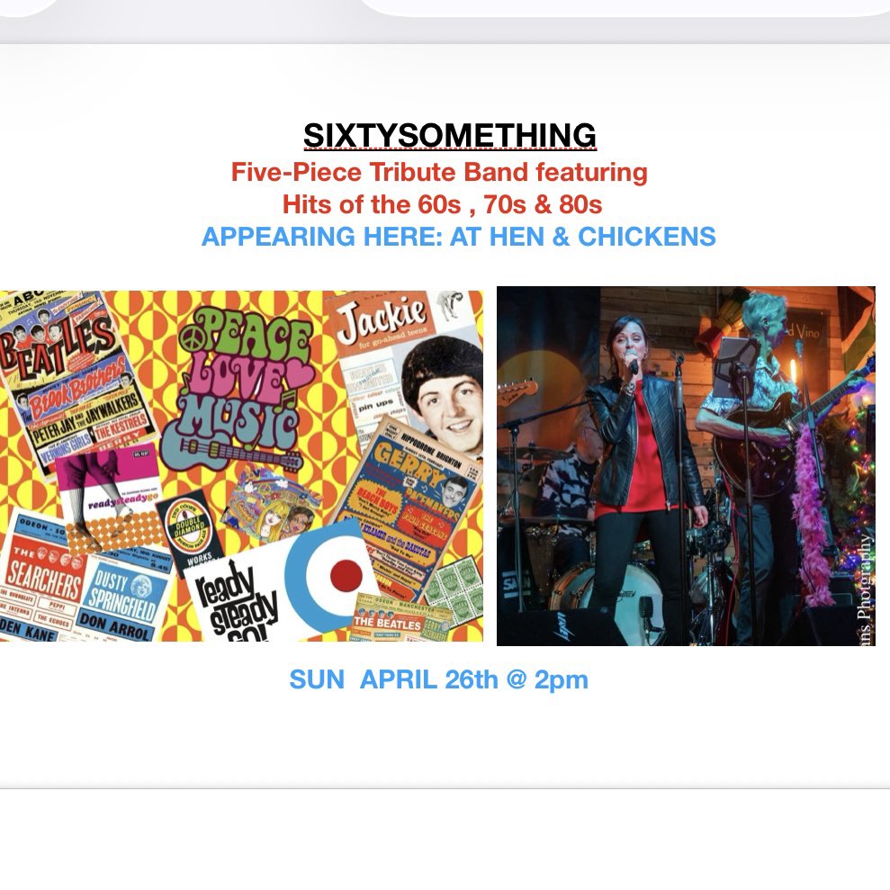 SixtysBand's tweet photo. Come &amp; see us at The Hen &amp; Chickens , Baldock , Herts on Sun 26th April 2pm https://t.co/en3zL9ooYo