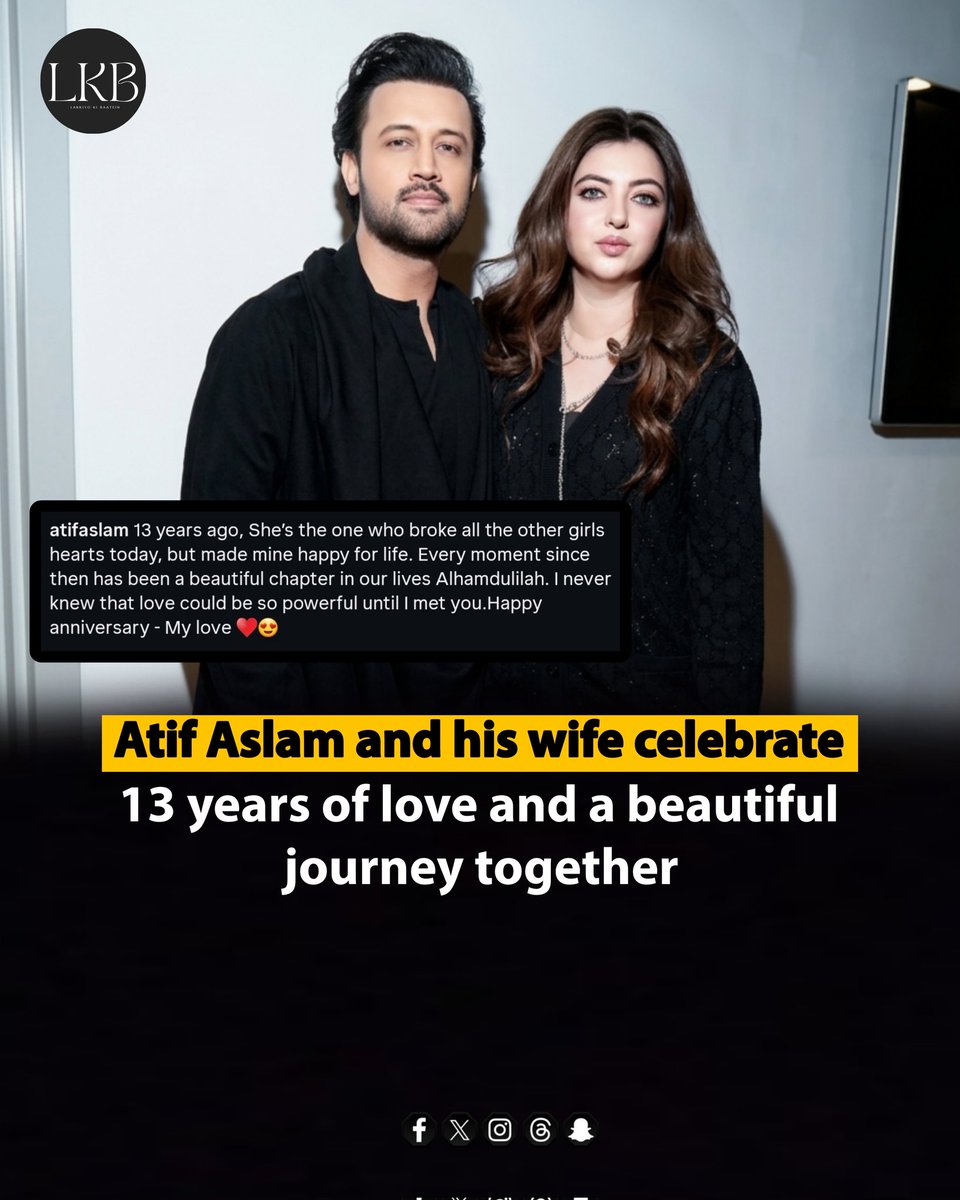 LarkyoKiBateinn's tweet image. 13 years of togetherness… and still going strong 

Atif Aslam reflects on his journey with Sara Bharwana — a reminder that real love only grows stronger with time.

It’s truly heartwarming to see how the simplest moments can hold the deepest happiness.

#AtifAslam #SaraBharwana