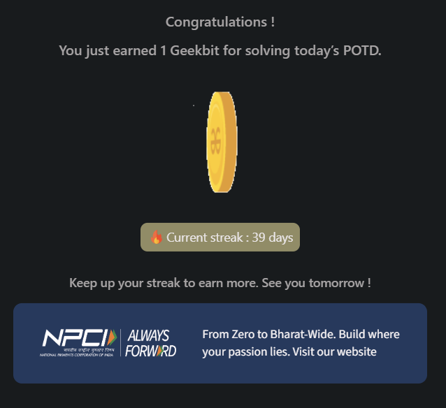 PrincyDubey84's tweet photo. Day 39/60✅
Solved the Minimum Cost to Connect Houses problem today! 🚀#geekstreak60 #npci #POTD #DSA #GraphTheory #PrimsAlgorithm #MST #Python #ProblemSolving @geeksforgeeks @NPCI_NPCI https://t.co/0ZaYagiIzB