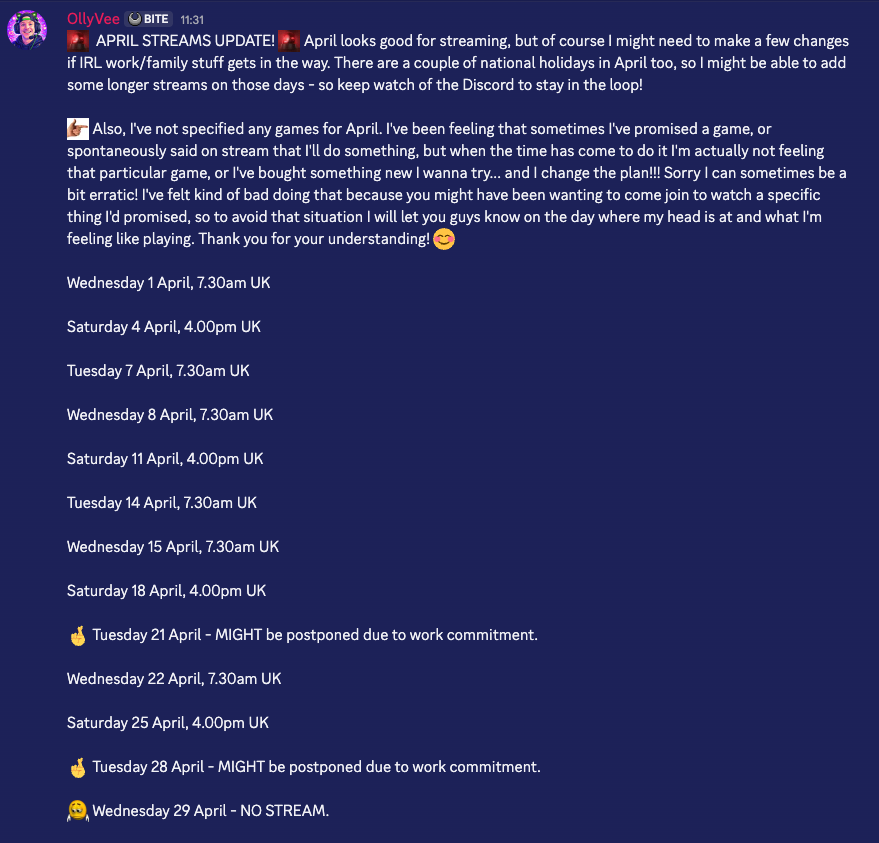 itsollyvee's tweet photo. April #Twitch schedule is now posted on the Discord! As always, I'll post a go live there in the hour leading up to stream! #cozystream #cozygames #indiegamer https://t.co/V5RWwwFHAq