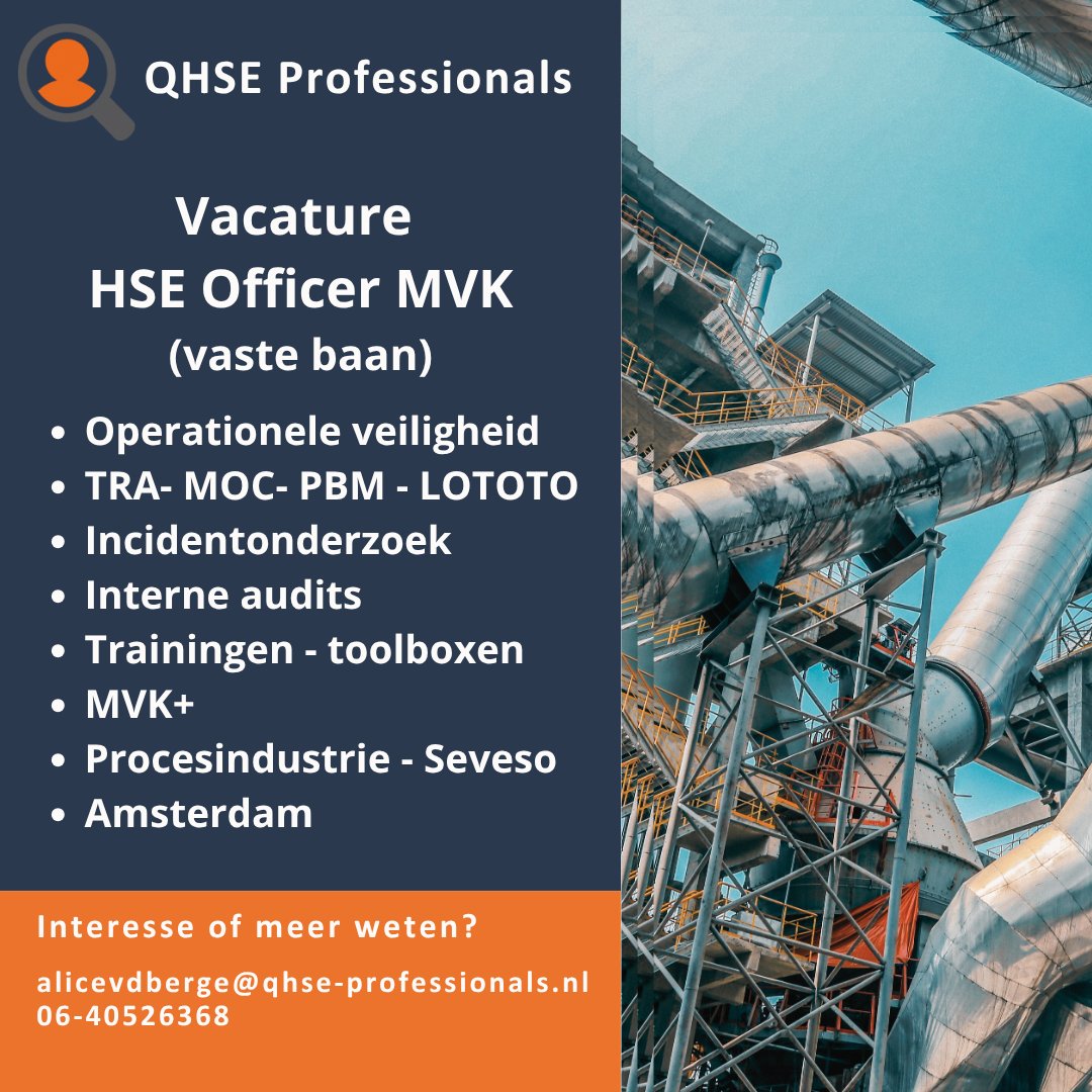 🔔 𝗩𝗮𝗰𝗮𝘁𝘂𝗿𝗲 𝗛𝗦𝗘 𝗢𝗳𝗳𝗶𝗰𝗲𝗿 | 𝗠𝗩𝗞 | 𝗥𝗲𝗻𝗲𝘄𝗮𝗯𝗹𝗲𝘀 | 𝗦𝗲𝘃𝗲𝘀𝗼 | 𝗔𝗺𝘀𝘁𝗲𝗿𝗱𝗮𝗺 (𝘃𝗮𝘀𝘁𝗲 𝗯𝗮𝗮𝗻)
𝗜𝗻𝘁𝗲𝗿𝗲𝘀𝘀𝗲? Lees hier dan verder: qhse-professionals.nl/vacature-detai…

#vacature #MVK #HSE #Safety #Amsterdam