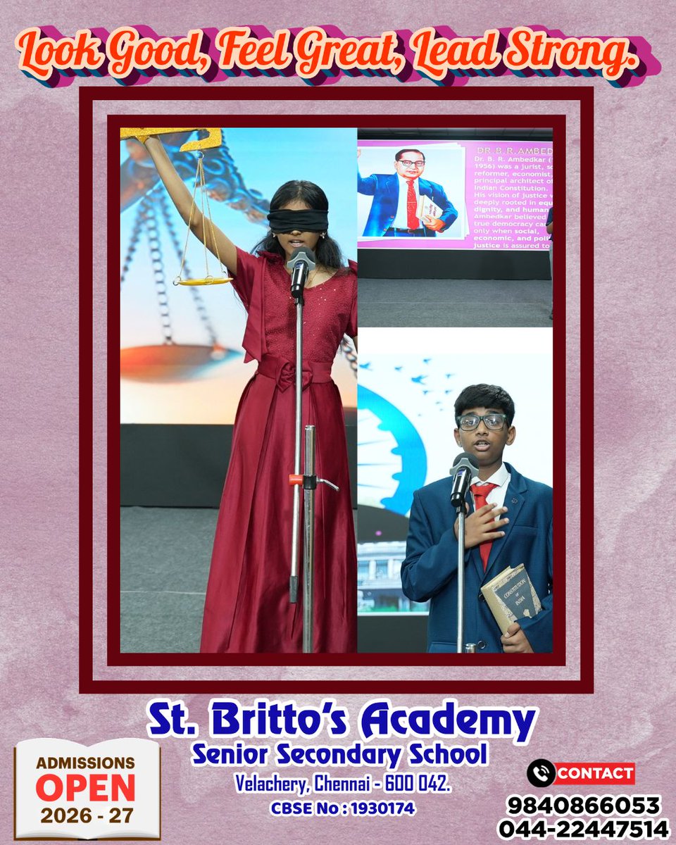 AcademyBri38517's tweet image. Look good. Feel great. Lead strong. 💪✨
At St. Britto’s Academy, we nurture confident minds and empowered leaders of tomorrow.
🎓 Admissions Open 2026–27
📍 Velachery, Chennai
📞 9840866053 | 044-22447514
#ConfidenceMatters #FutureLeaders #StBrittosAcademy #HolisticEducation
