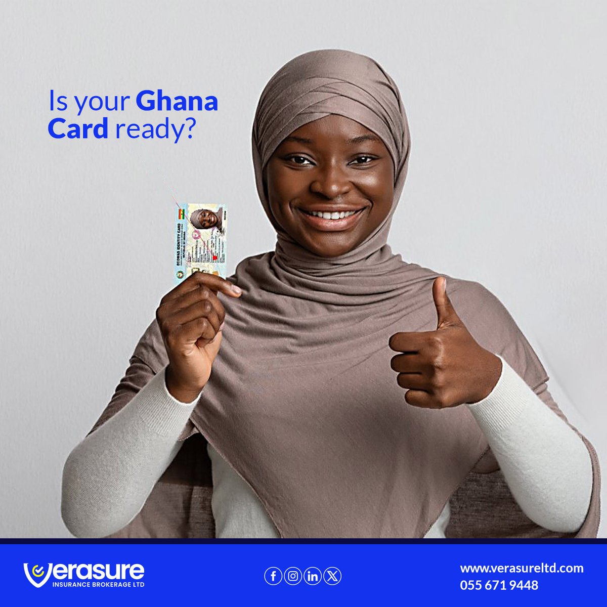 VerasureLtd's tweet image. Is your Ghana card ready? 🏷️ Don’t forget, it’s essential for your insurance process! Make sure you have it handy when you’re securing your coverage. Let’s get insured the right way. 💪

#GhanaCard #InsuranceReady #StayProtected
