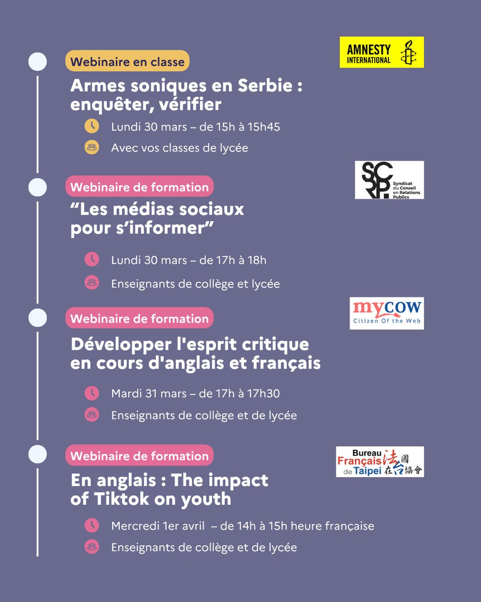 LeCLEMI's tweet photo. La Semaine de la presse et des médias dans l'École, ça continue ! #SPME2026
Cette semaine, nos partenaires proposent encore des webinaires, à suivre pour se former ou avec ses élèves !

⏯️ Découvrez le programme de la semaine :
 https://t.co/bIDIblEFpu https://t.co/ewLZvR2D4b