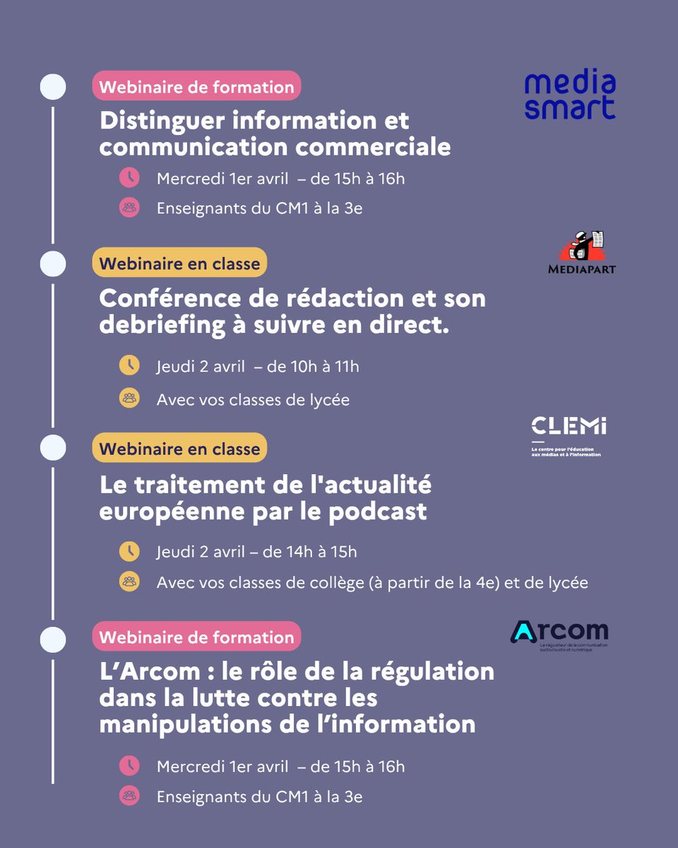 LeCLEMI's tweet photo. La Semaine de la presse et des médias dans l'École, ça continue ! #SPME2026
Cette semaine, nos partenaires proposent encore des webinaires, à suivre pour se former ou avec ses élèves !

⏯️ Découvrez le programme de la semaine :
 https://t.co/bIDIblEFpu https://t.co/ewLZvR2D4b