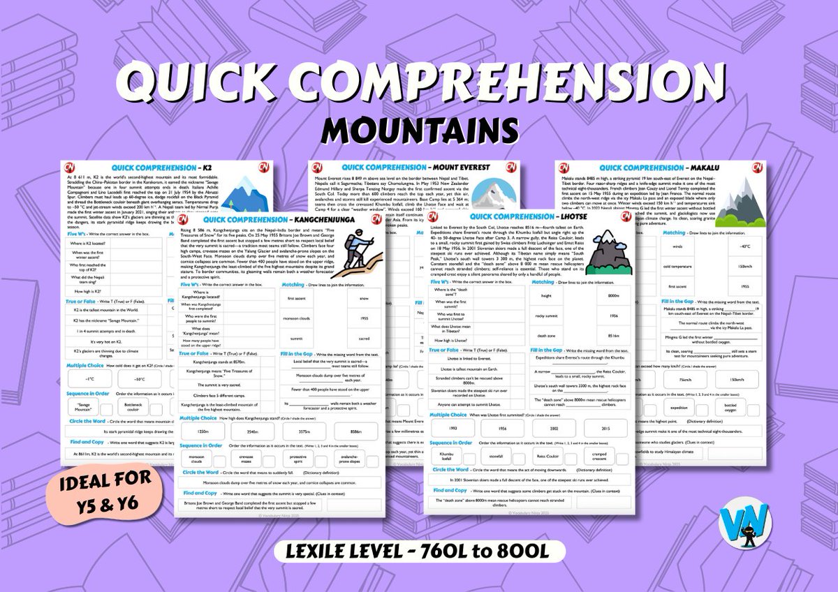 VocabularyNinja's tweet image. 🥷 NEW - Quick Comps - Topic Bundles 📚📝

💻 - bit.ly/43Cp71B

📚 Each bundle had 5 unique texts and questions
📙 Original non-fiction texts
📈 Text levelled via Lexile Levels.
⏰ Complete in 10-15 minutes

#reading #comprehension #teacherresources #primaryteacher