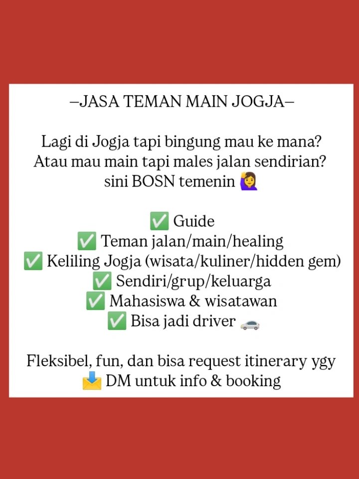 bos__n's tweet photo. Jasa Teman Main Jogja

- Guide
- Teman jalan/main/healing
- Keliling Jogja (wisata/kuliner/hidden gem)
- Sekedar menggabut bisa banget
- Sendiri/grup/keluarga
- Mahasiswa&amp;wisatawan
- Bisa jadi driver+fotografer

Flexible fun &amp; bisa request itinerary
WA yuk https://t.co/X0kOFmjhp7 https://t.co/gmITpKs5gE
